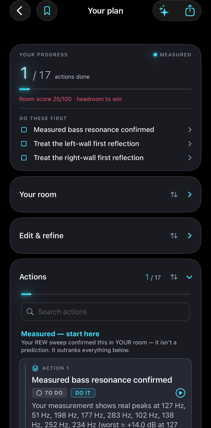 The plan screen: progress, a room score, and a do-these-first list.