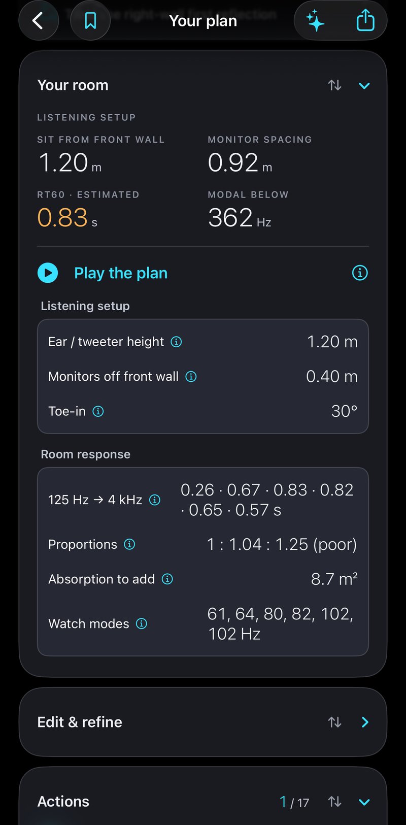 The your-room screen: listening position, monitor spacing, RT60 and the room modes to watch.