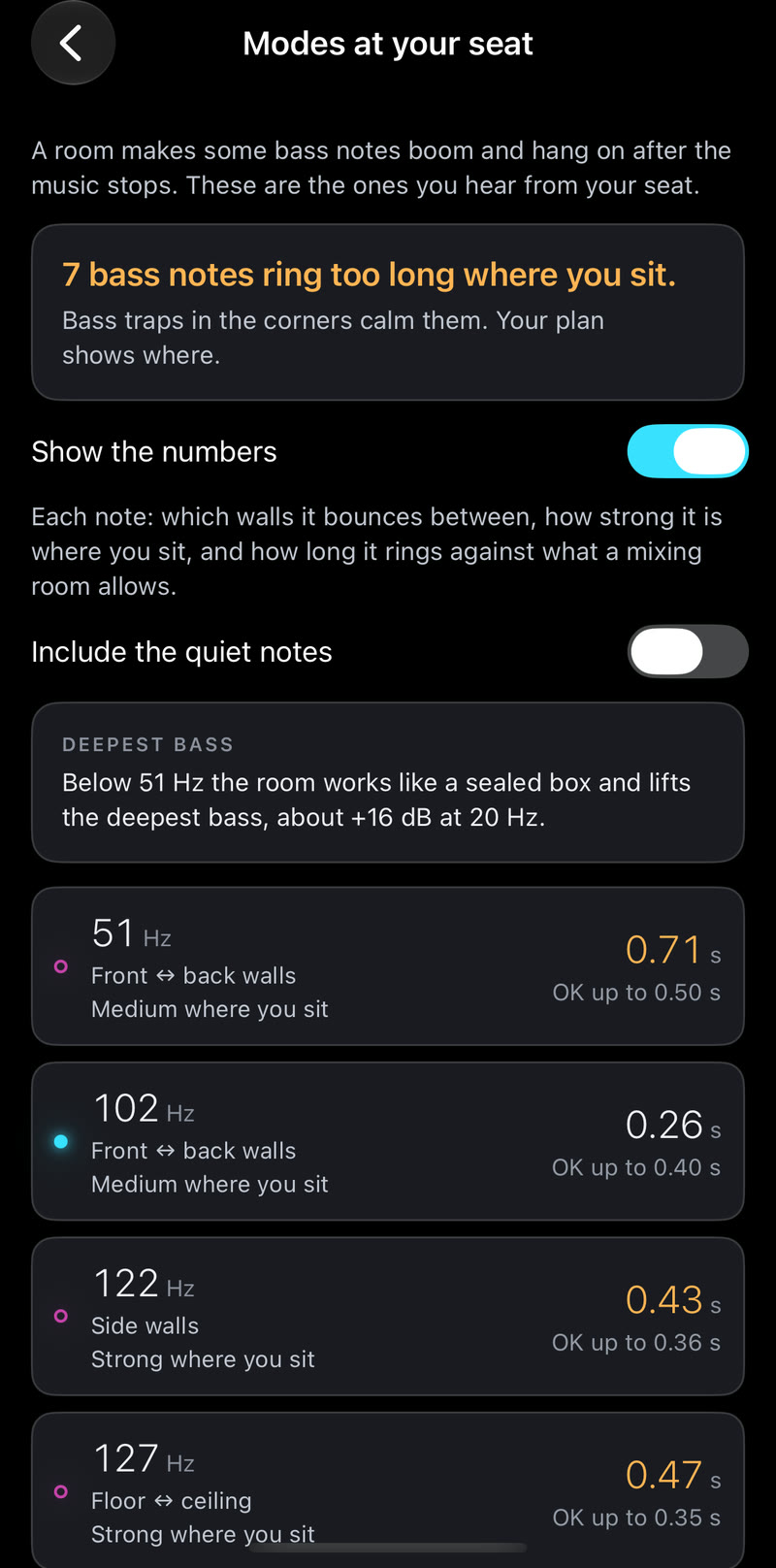 The modes screen: the bass notes that ring too long where you sit, each with the walls it bounces between.