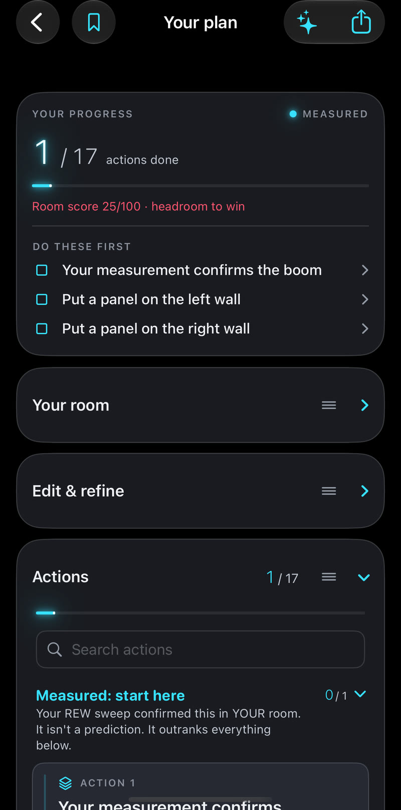 The plan screen: progress, a room score, a do-these-first list and the plan's cards.