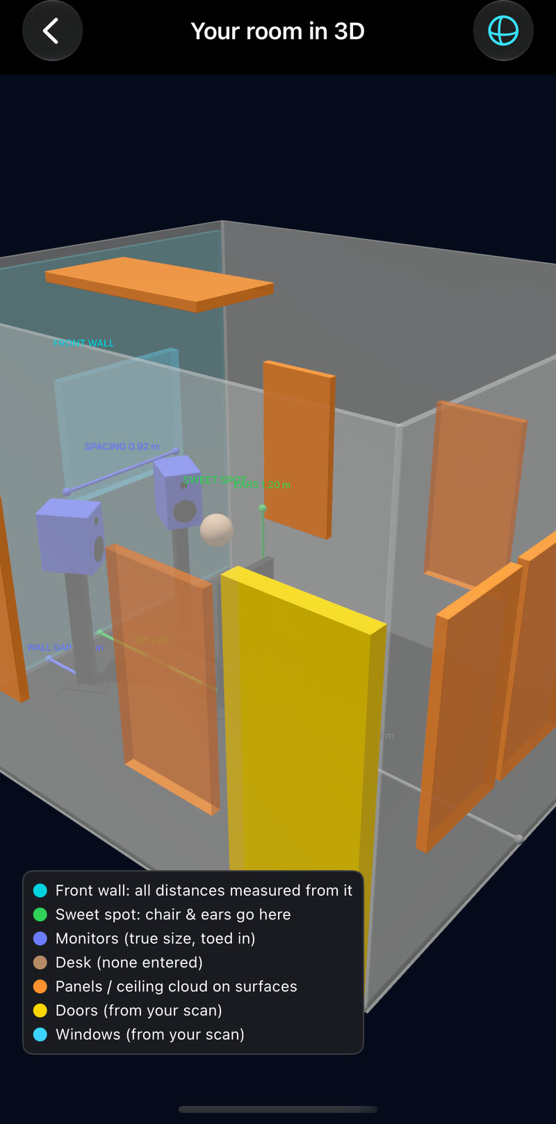 A 3D model of the scanned room with the desk, monitors, panels and bass traps placed on the actual walls.